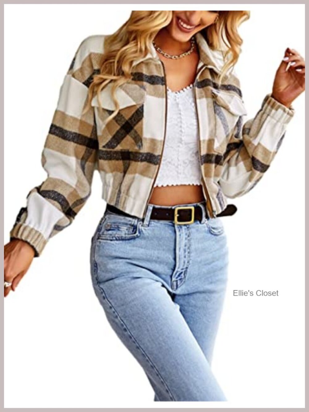 Women's Cropped Plaid Flannel Zip Up Jacket Shacket
